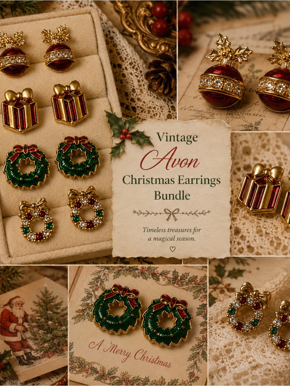 Vintage Avon Christmas Earrings Bundle - Holiday Wreath Present Ornament Set